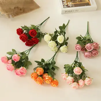 1 букет Реалистичных искусственных цветов ручной работы, мягкий цветок из искусственного шелка, Элегантный декор из искусственных роз для свадебного украшения, 9 головок