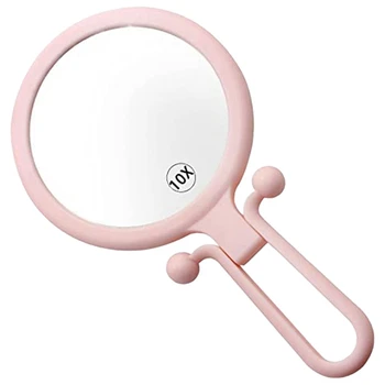 10-кратная ручная лупа, двустороннее складное зеркало для макияжа, портативное ручное зеркало с регулируемой ручкой (розовый)