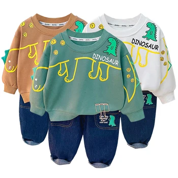 2023 Весна-осень, Комплект хлопчатобумажной одежды для мальчиков, Пуловер с динозавром Для маленьких мальчиков, Топы, Джинсовые брюки, 2 шт., Повседневная одежда для младенцев, детский костюм