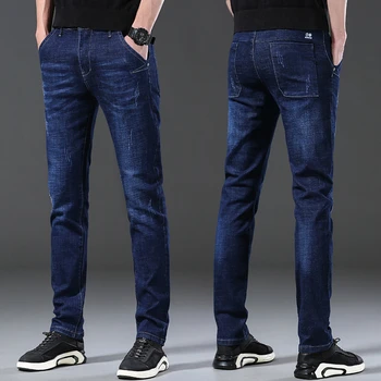 2023 Новые мужские джинсы-стрейч, мужские классические эластичные деловые джинсы, мужские модные Удобные однотонные Тонкие прямые длинные джинсовые брюки