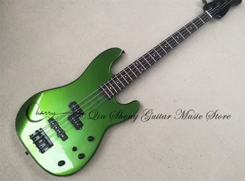 4-струнная металлическая зеленая бас-гитара, корпус из липы, черный гриф, черная головка, фиксированный мост, накладка из розового дерева
