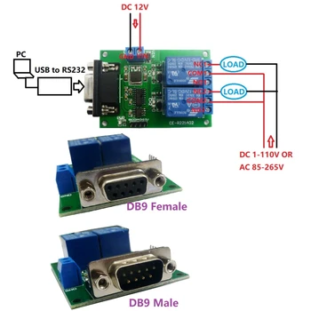 DC 12V 2-канальный DB9 женский / мужской RS232 UART пульт дистанционного управления Коммутатор Последовательный порт Релейный модуль
