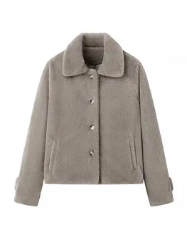 HH TRAF 2024 Зимние женские куртки с меховыми отворотами, модные повседневные теплые пальто из искусственного меха, женская шикарная однобортная свободная верхняя одежда