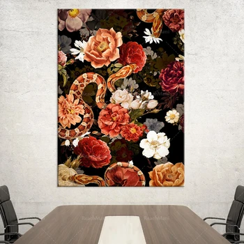 Serpents floraux - Toile florale d’art de mur - art floral de mur de toile - art moderne abstrait - art de mur animal