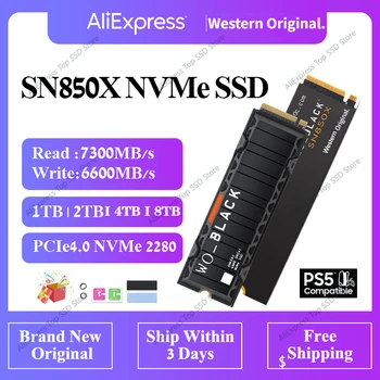 WO BLACK SN850X 1 ТБ 2 ТБ 4 ТБ SSD NVMe Внутренний игровой твердотельный накопитель с радиатором Работает с Playstation 5 Gen4 PCIe M.2 2280