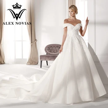 Бальное платье ALEX NOVIAS, Атласное свадебное платье с открытыми плечами, аппликации в виде сердца, шлейф, свадебное платье Vestido Novias De Saten