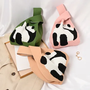 Вязаная сумка-тоут с милым рисунком панды, женская сумка, студенческая жилетка, сумка на запястье с мини-узлом, повседневные сумки для покупок многоразового использования