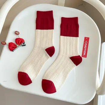 Женские чулочно-носочные изделия Новогодние красные носки Креативные хлопчатобумажные утепленные носки в полоску, носки в пол, зимние носки на удачу