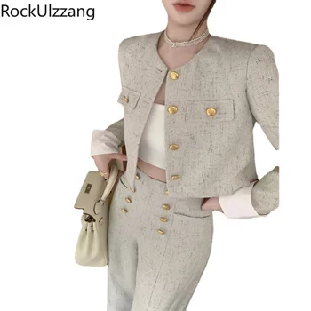 Комплект из 2 предметов, Комплекты из двух предметов, Пальто с решеткой и брюки, женская осенняя одежда, укороченный топ с высокой талией, элегантные корейские модные наряды y2k