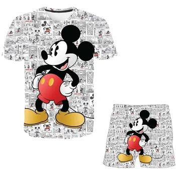 Комплект одежды с Микки Маусом Для девочек, Модные футболки и шорты Disney с принтом, Летние костюмы для отдыха с героями мультфильмов, наряды от 1 до 14 лет