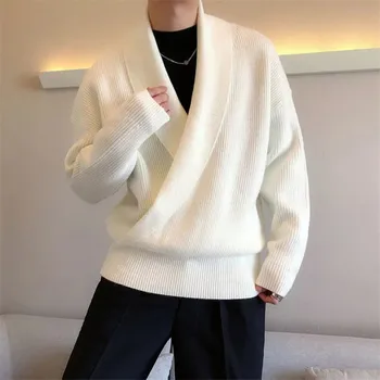Корейский модный вязаный Мужской Осенне-зимний однотонный свитер с большим V-образным вырезом, мужской Свободный повседневный свитер, пальто, Мужская одежда