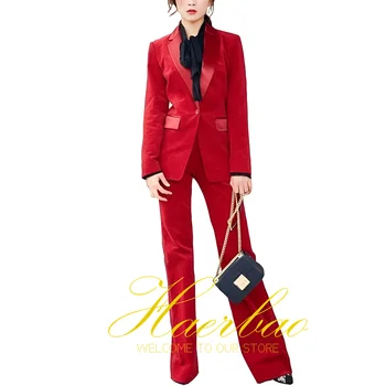 Красный женский костюм, Бархатный блейзер, брюки, комплект из 2 предметов, Свадебное платье для мамы, костюм для официальной вечеринки, Женская офисная рабочая одежда