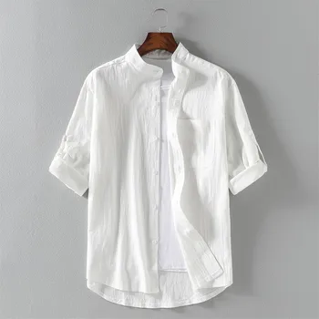 Летняя хлопковая льняная рубашка со средним рукавом с воротником-стойкой, трендовая мужская льняная свободная однотонная рубашка с рукавом 7/4, мужские рубашки большого размера
