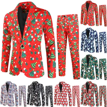 Модные комплекты блейзеров с рождественским принтом, мужские (куртки + брюки), осенне-весенние костюмы-двойки для клубных вечеринок, костюмы для рождественской вечеринки,