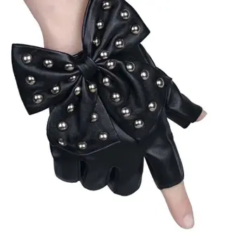 Модные перчатки без пальцев 2024, женские перчатки из искусственной кожи, женские танцевальные шоу, варежки с большим бантом и заклепками на полпальца