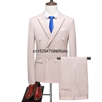 Модный Новый мужской бутик 2023, деловой двубортный однотонный костюм, комплект / Мужской приталенный свадебный Комплект из 2 предметов, Блейзеры, куртка, Брюки