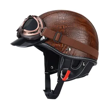 Мотоциклетный шлем в японском стиле из коричневой кожи в горошек, Мотоциклетные открытые шлемы, летний шлем для скутера Унисекс с шейным платком