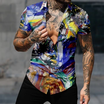 Мужская модная рубашка с рисунком маслом в гавайском стиле, 3D принт, Уютная повседневная пляжная одежда большого размера с коротким рукавом 3