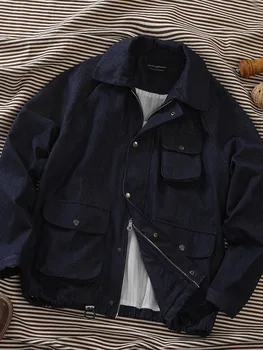 Мужская осенне-зимняя куртка десантника с тремя карманами, свободная куртка из выстиранного денима синего цвета, повседневный винтажный топ силуэта с лацканами