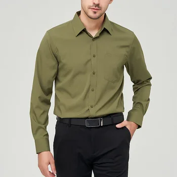 Мужские однотонные деловые рубашки Весна Осень Модные Классические Базовые блузки с длинным рукавом Повседневные Свободные мужские топы с эластичными отворотами