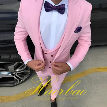 Мужской костюм Светло-розовый Мужской костюм Homme с лацканами, идеально подходящий для свадьбы жениха, смокинг, 3 предмета, куртка, брюки, жилет