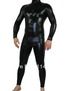 Мужской черный костюм Зентаи на молнии спереди, блестящий металлический костюм Зентаи, облегающий комбинезон