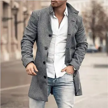 Новая европейская и американская осенне-зимняя мужская шерстяная куртка средней длины с воротником-стойкой и карманом.