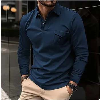 Новая мужская осенне-зимняя футболка с длинным рукавом и отворотом с принтом, тонкая рубашка поло европейского размера с длинным рукавом