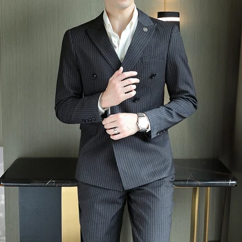 Новинка Four seasons для мужчин (костюм + брюки), деловой модный костюм в полоску, корейский модный повседневный костюм, красивый официальный костюм-двойка
