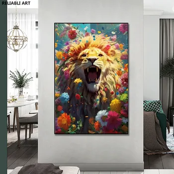 Плакат с Животным Львом, Стоящим На Цветочном Поле, Картина На Холсте, Принты Для Украшения Стен, Современный Художественный Декор Комнаты