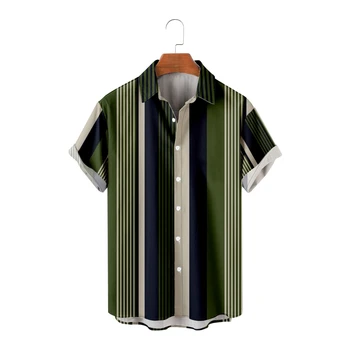 Повседневные рубашки для мужчин, топы в зеленую полоску с принтом, Дышащая рубашка для летнего пляжного отдыха с коротким рукавом