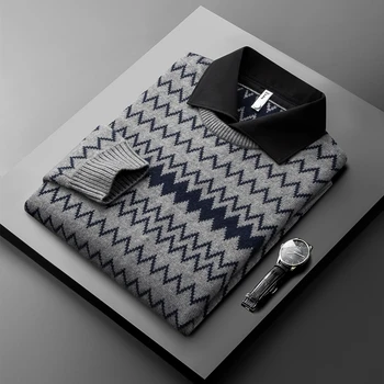 Продвинутый дизайн одежды, жаккардовый искусственный свитер из двух частей, воротник мужской рубашки, осенне-зимний новый теплый утолщенный пуловер