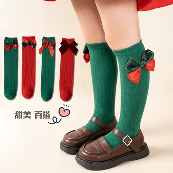 Рождественские детские носки для девочек, носки средней длины с бантом, кружевные детские носки в стиле принцессы с длинными рукавами, осенние и зимние носки для девочек, красные, зеленые