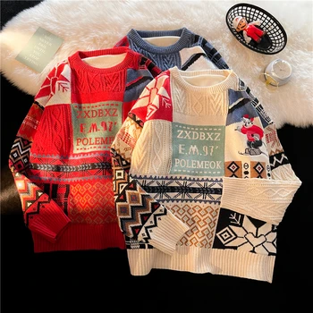 Рождественский свитер, мужской зимний теплый свитер с бархатной подкладкой, свитер для любителей гонконгского ветра, расслабленный свитер для трендов
