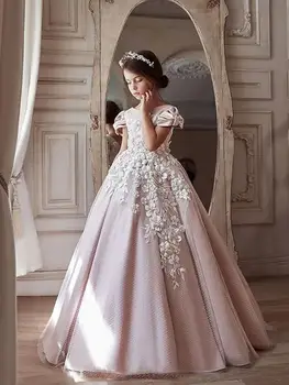Розовое пышное платье принцессы-цветочницы из тюля с V-образным вырезом на спине для свадьбы, платья для первого причастия для маленьких детей, бальная одежда для вечеринки по случаю дня рождения