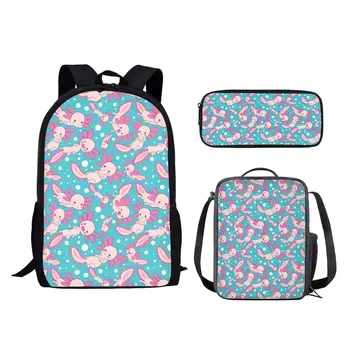 Рюкзаки с мультяшным аксолотлем для девочек-подростков и мальчиков, набор школьных сумок из 3 предметов, повседневная сумка для книг для студентов с сумкой для ланча, сумка для карандашей