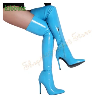 Синие Женские Узкие Кожаные Сапоги на высоком каблуке с острым носком, Сапоги выше колена на молнии на Тонком Каблуке, Новинка 2023 года, Zapatos Para Mujere