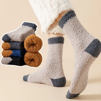 Утепленные теплые носки с цветными блоками из пушистого кораллового флиса, мужские зимние носки для сна в пол, Модные плюшевые уютные мягкие домашние носки для повседневной носки, женские носки