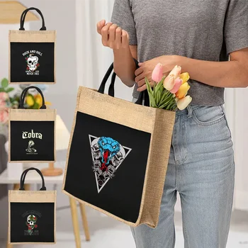 Черные сумки для покупок, многоразовая льняная сумка-тоут, женская сумка-тоут на одно плечо с рисунком кобры для продуктовой сумки-тоут