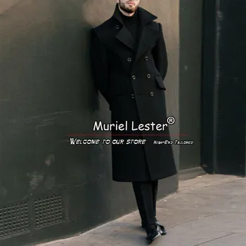 Черный мужской костюм в стиле милитари, Твидовый шерстяной тренч, Длинный двубортный теплый блейзер, деловая верхняя одежда, пальто